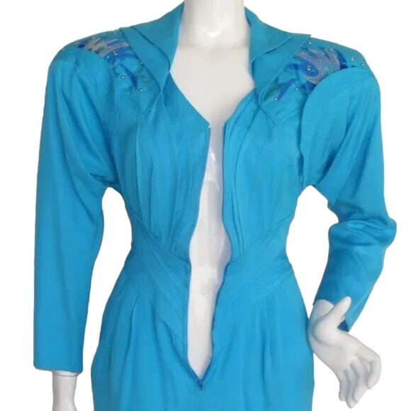 Avant Garde Dress, XS/S, VINTAGE, Aqua Blue, Statement Shoulders, Zip front, LS - Picture 12 of 15